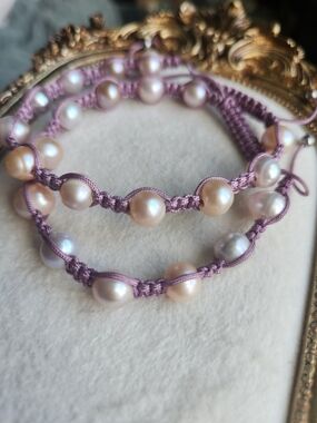 Artisan Lavender Genuine Pearl Macrame Bracelet Set Adjustable